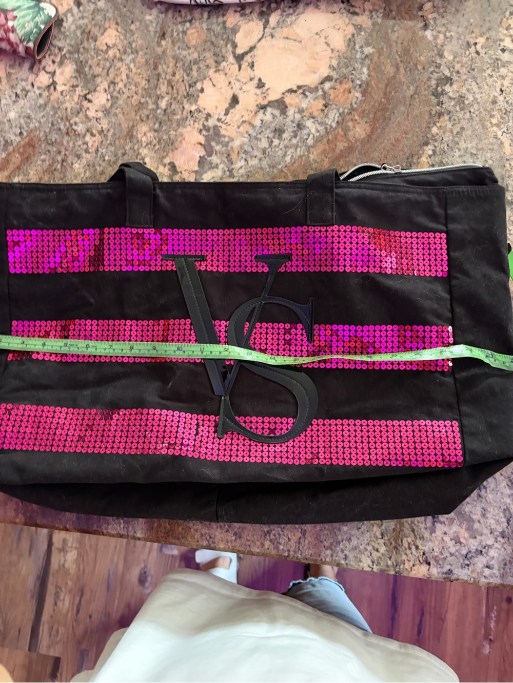 Victoria's Secret Black Tote with Hot Pink Sequin Stripes